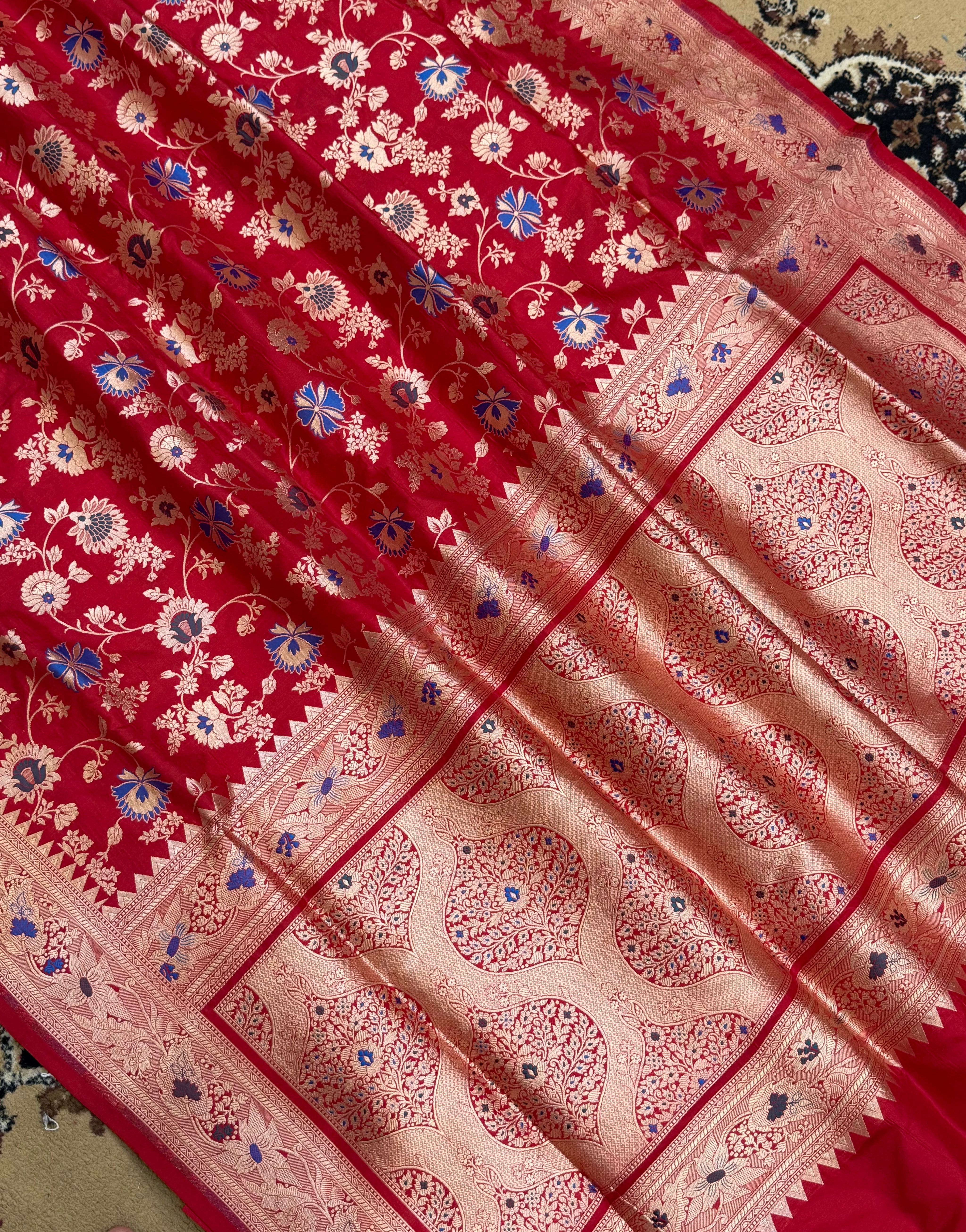 Red Color Pure Silk Handloom Banarasi Saree - All Over Jaal work with Meenakari