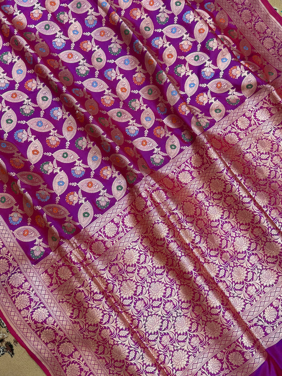 Rani Magenta Color Pure Silk Handloom Banarasi Sareee - All Over Leaf Jaal Work with Meenakari
