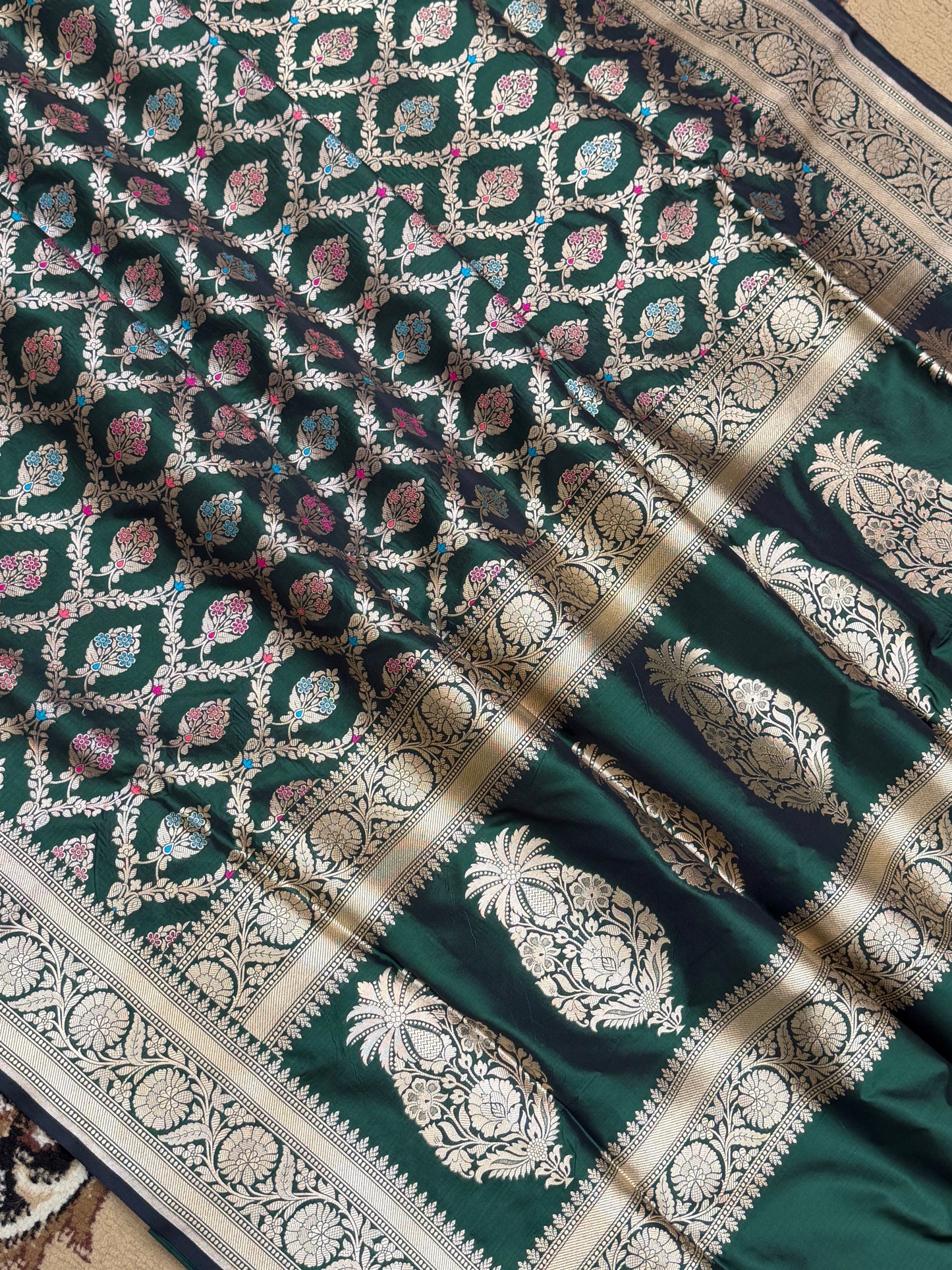 Bottle Green Pure Silk Handloom Banarasi Saree - All Over Tilfi Meenakari