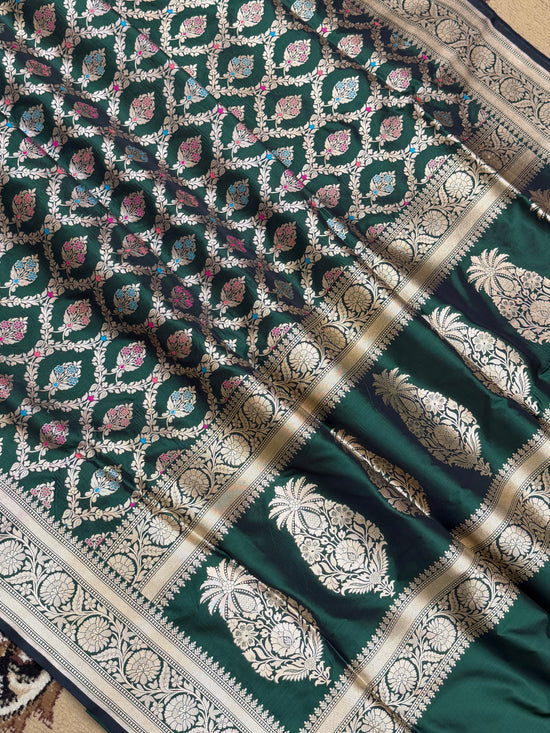 Bottle Green Pure Silk Handloom Banarasi Saree - All Over Tilfi Meenakari