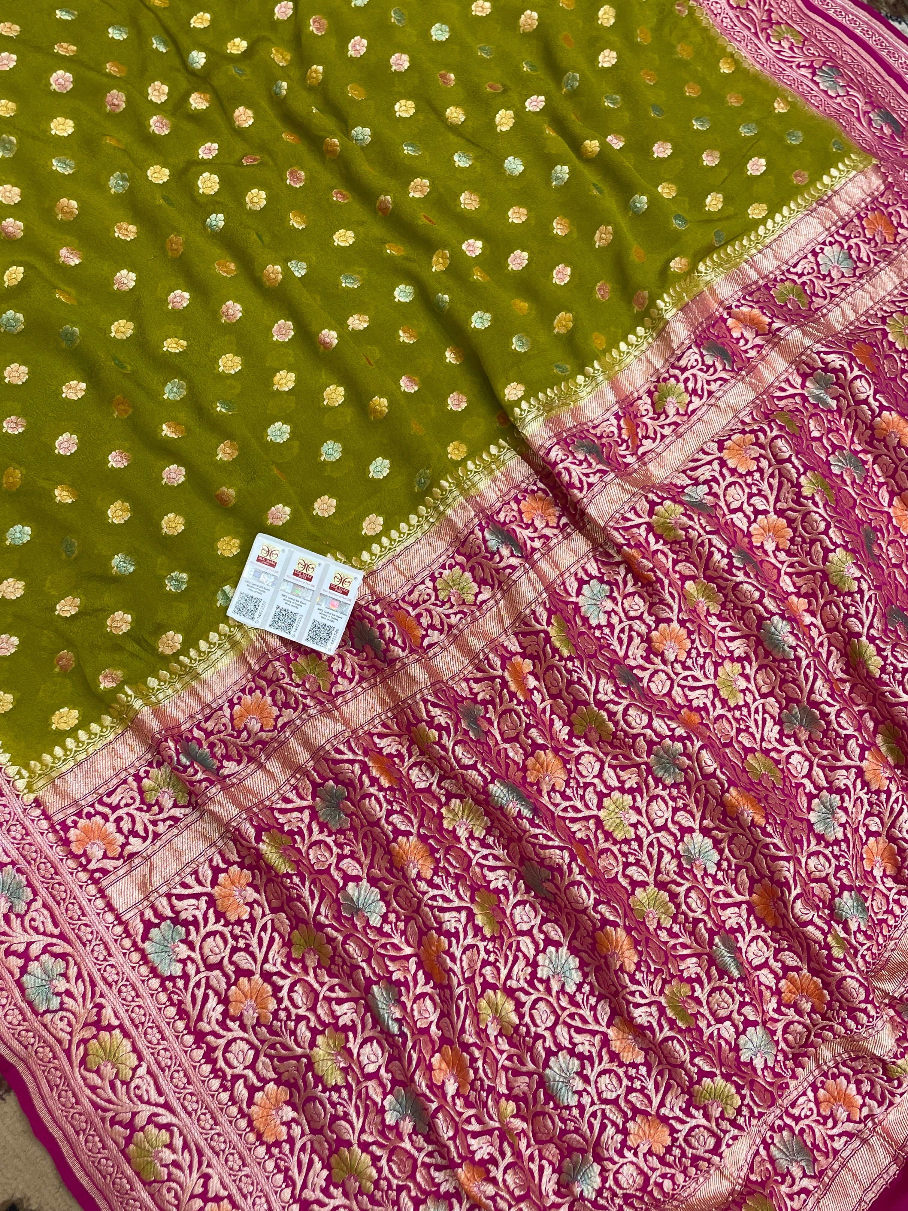 Mehandi Color Khaddi Georgette Banarasi Saree - All Over Jaal Work with Meenakari