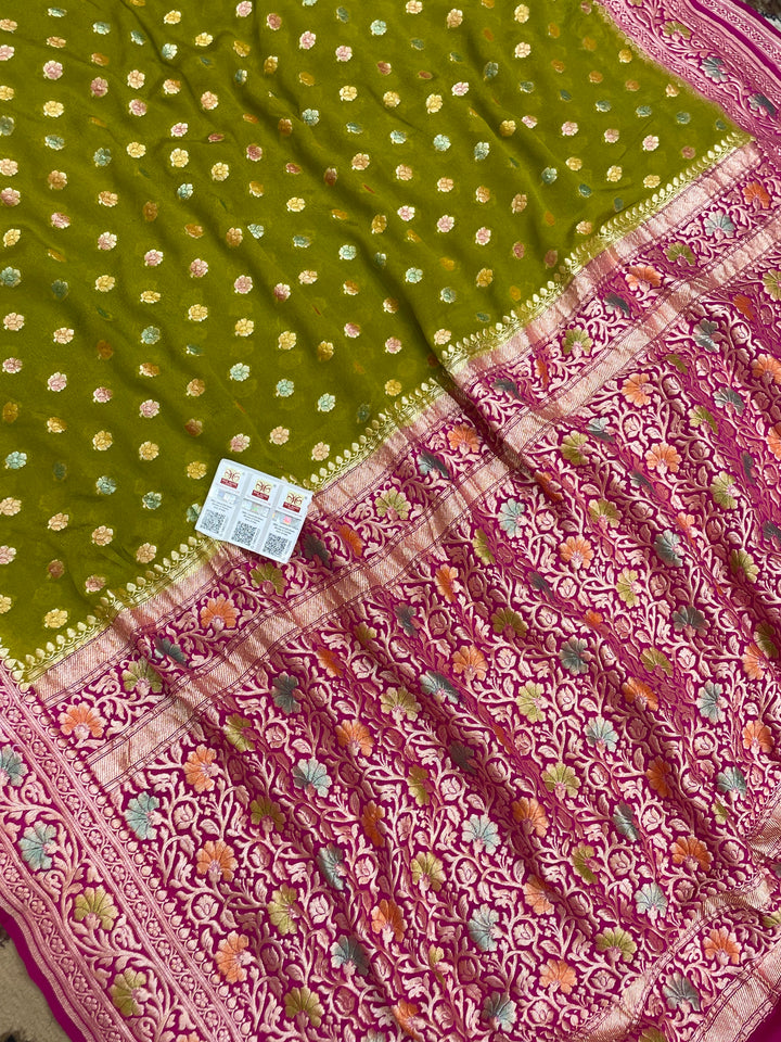Mehandi Color Khaddi Georgette Banarasi Saree - All Over Jaal Work with Meenakari