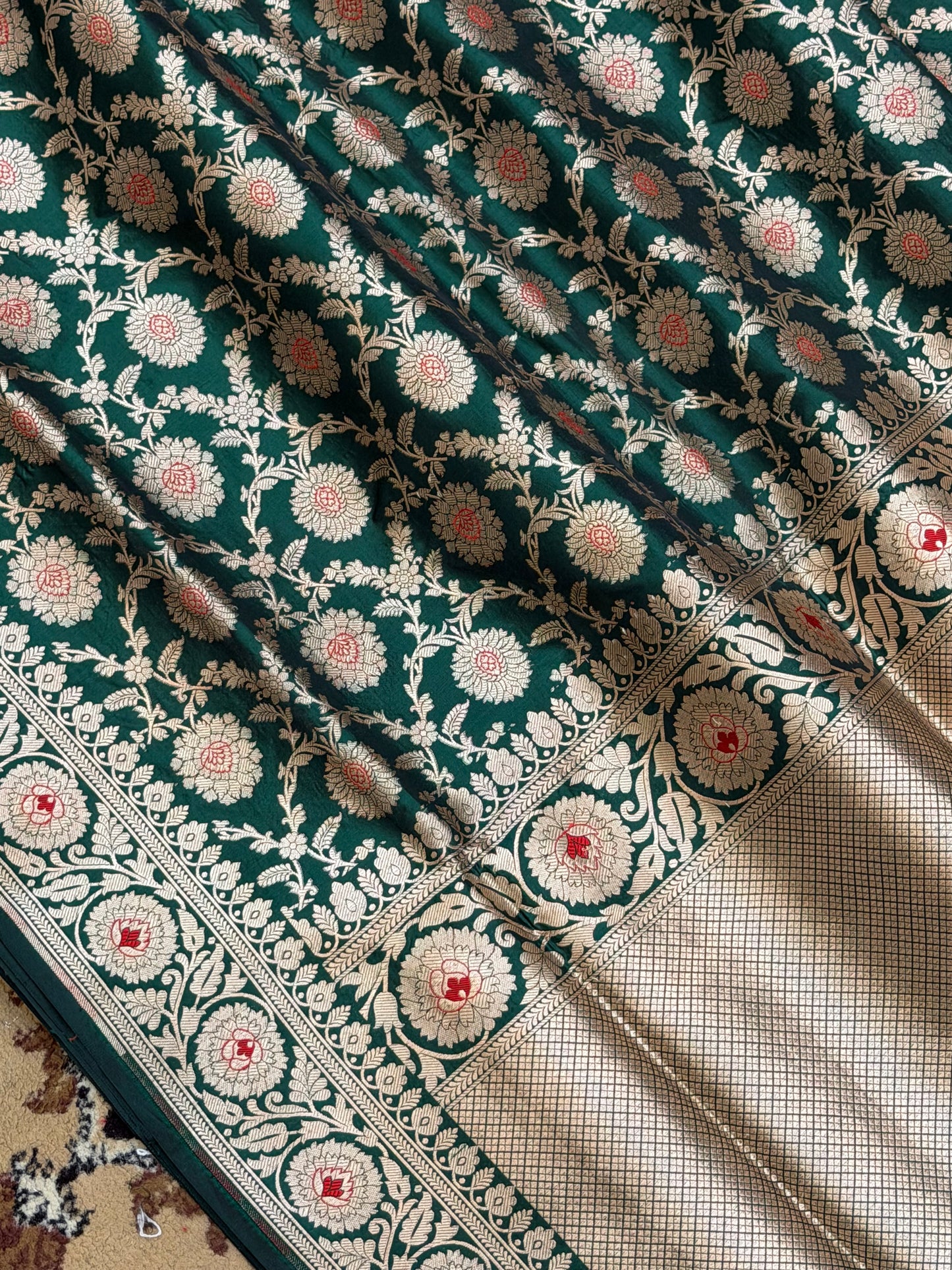 Bottle Green Pure Silk Handloom Banarasi Saree - All Over Jaal Work with Meenakari