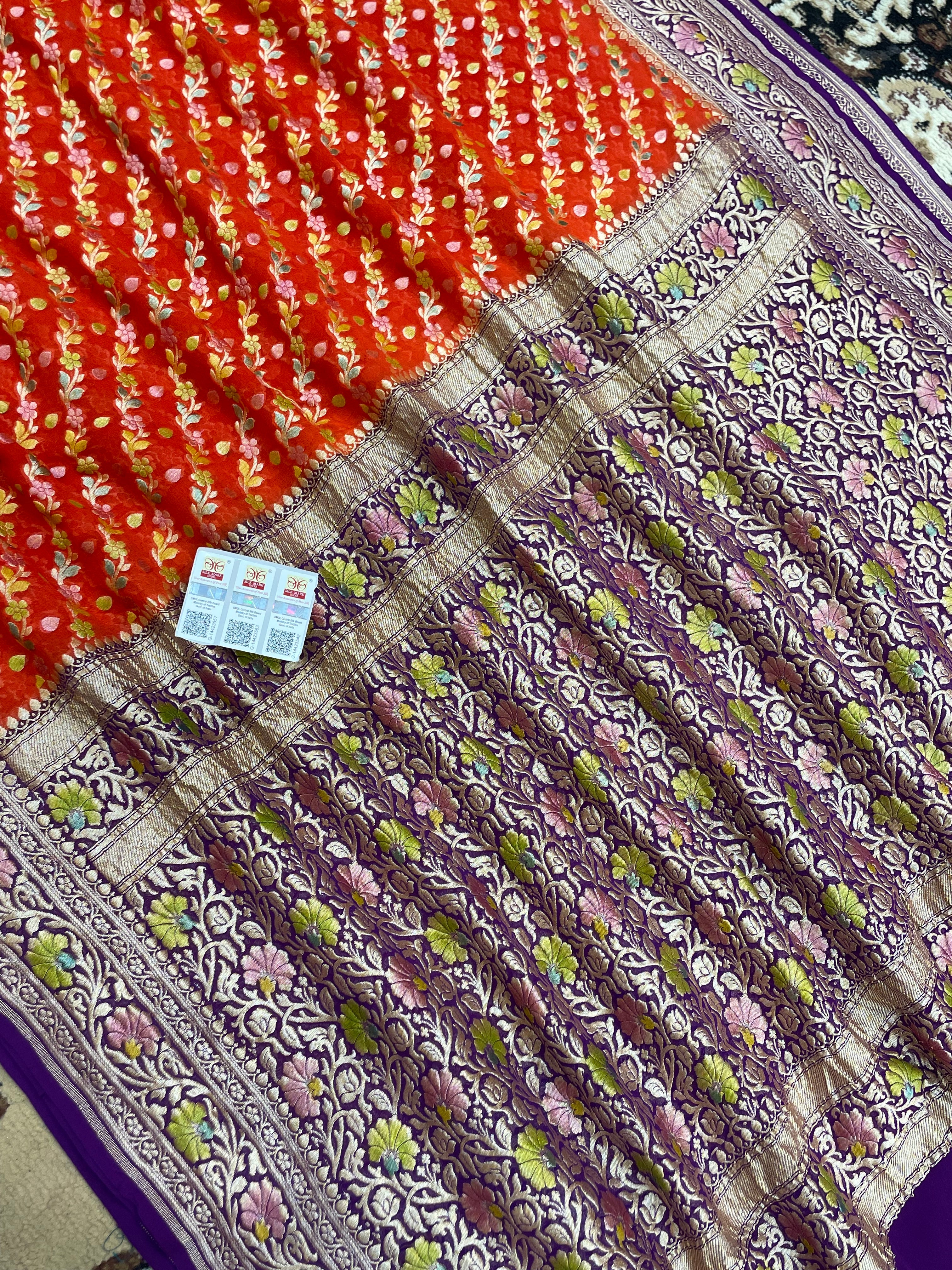 Fanta Color Khaddi Georgette Banarasi Saree -All Over Jaal Work with Meenakari