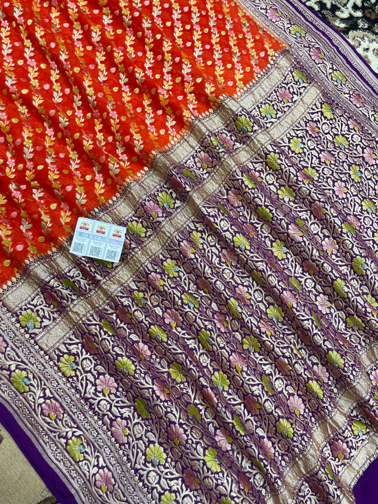 Fanta Color Khaddi Georgette Banarasi Saree -All Over Jaal Work with Meenakari