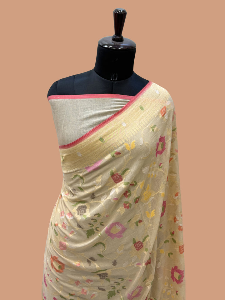 Half White Color Cotton Silk Jamdani Banarasi Saree - All Over Jaal Work