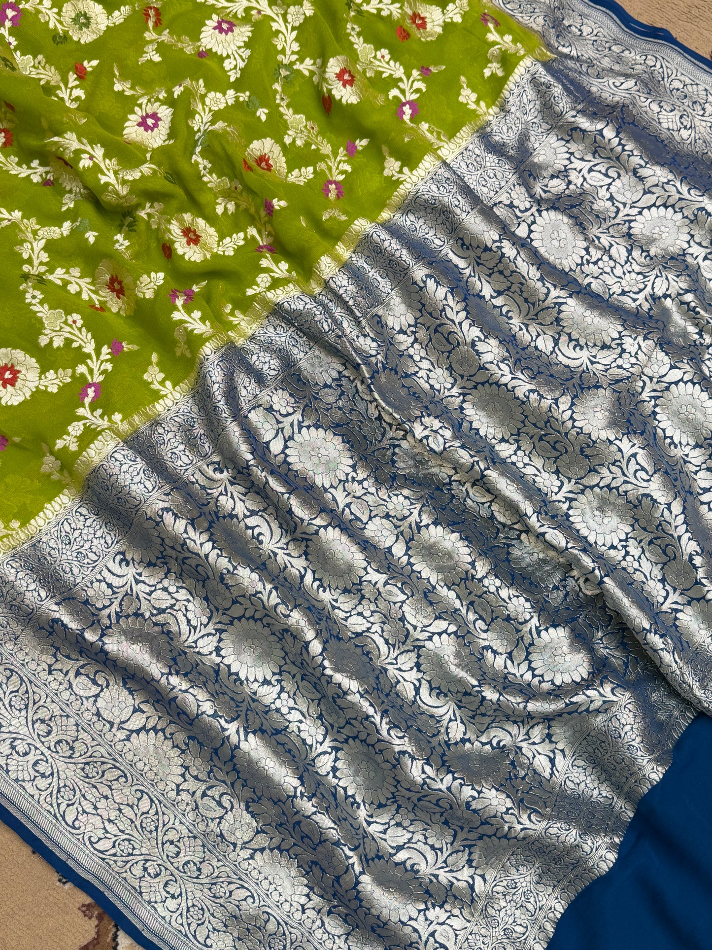 Mehandi Color Khaddi GEorgette Banarasi Saree - All Over Jaal Work with Tilfi Meenakari