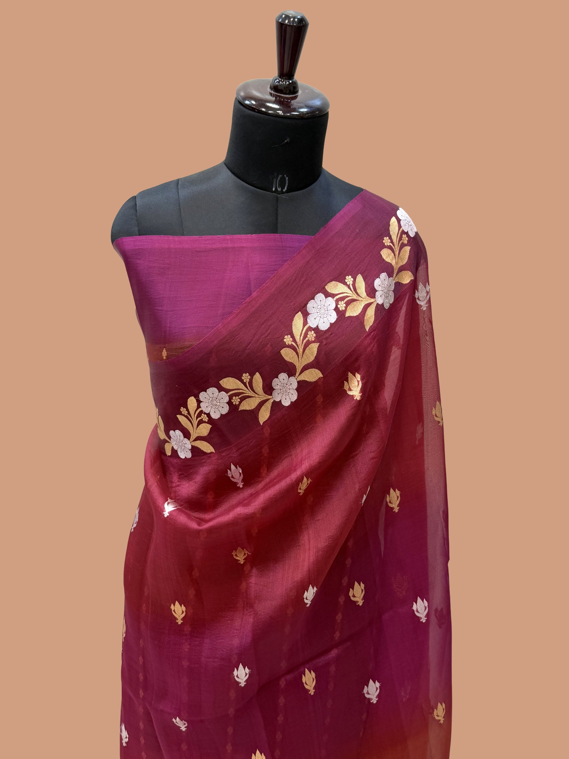 Maroon Color Pure Kora Silk Handloom Banarasi Saree - All Over ButiJaal Work