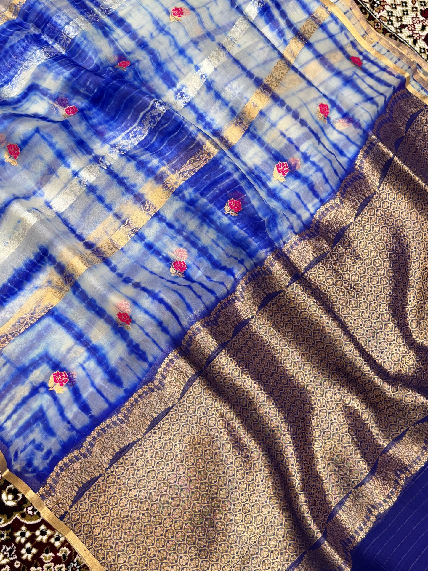 Royal Blue Color Pure Organza Handloom Banarasi Saree with Japanese Shibori Dye