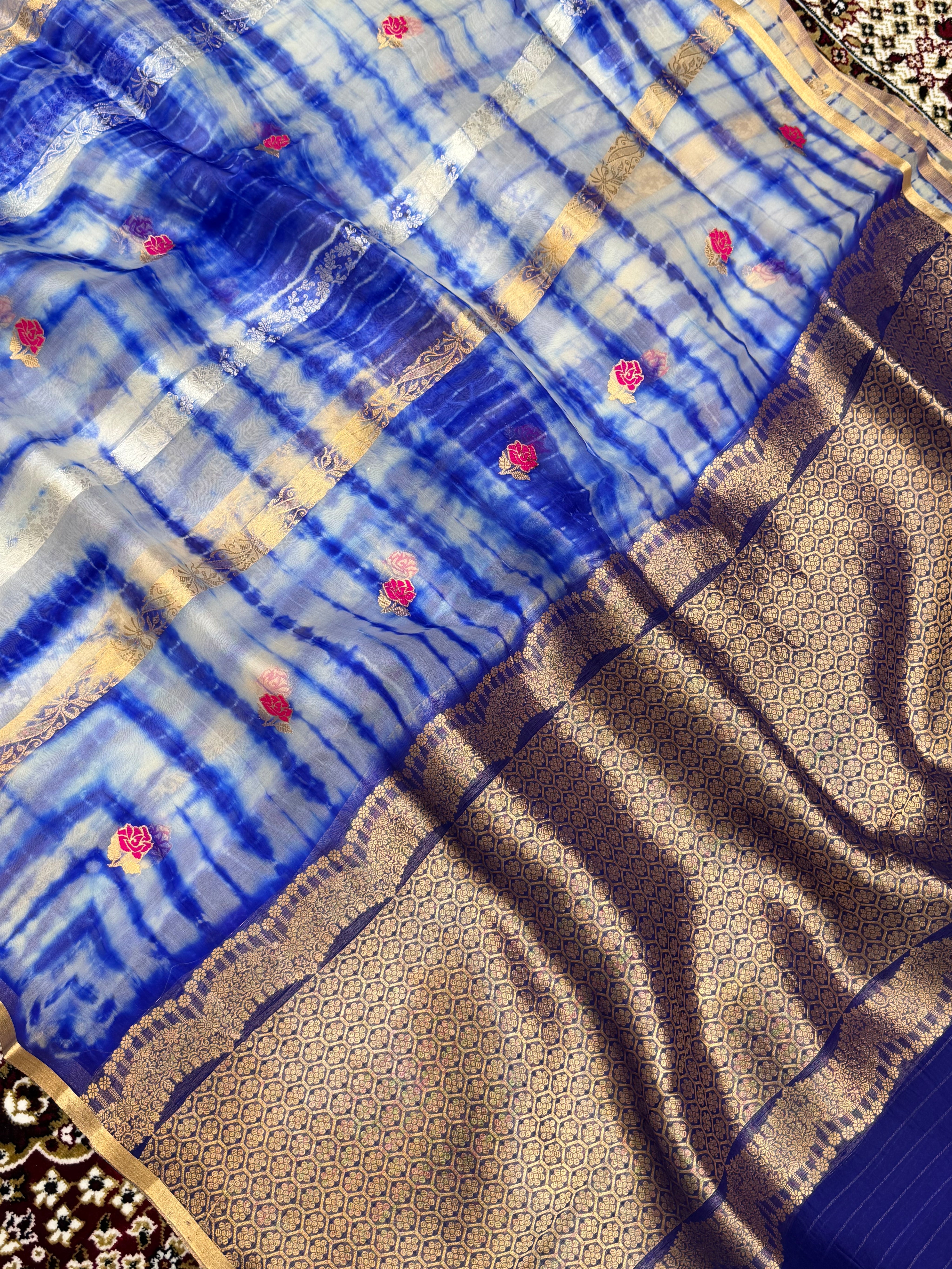 Royal Blue Color Pure Organza Handloom Banarasi Saree with Japanese Shibori Dye