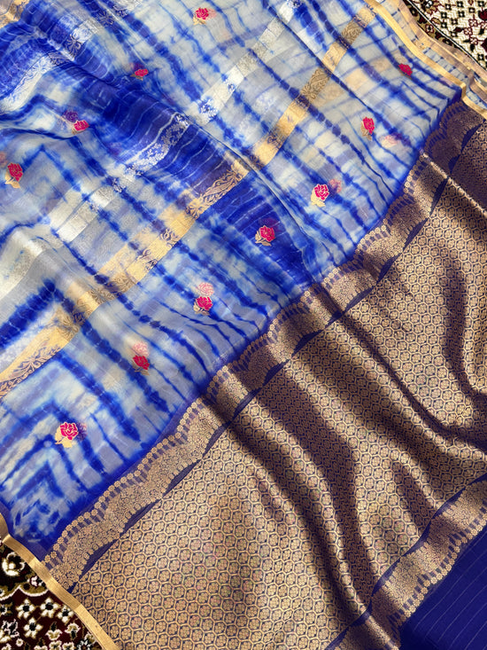 Royal Blue Color Pure Organza Handloom Banarasi Saree with Japanese Shibori Dye