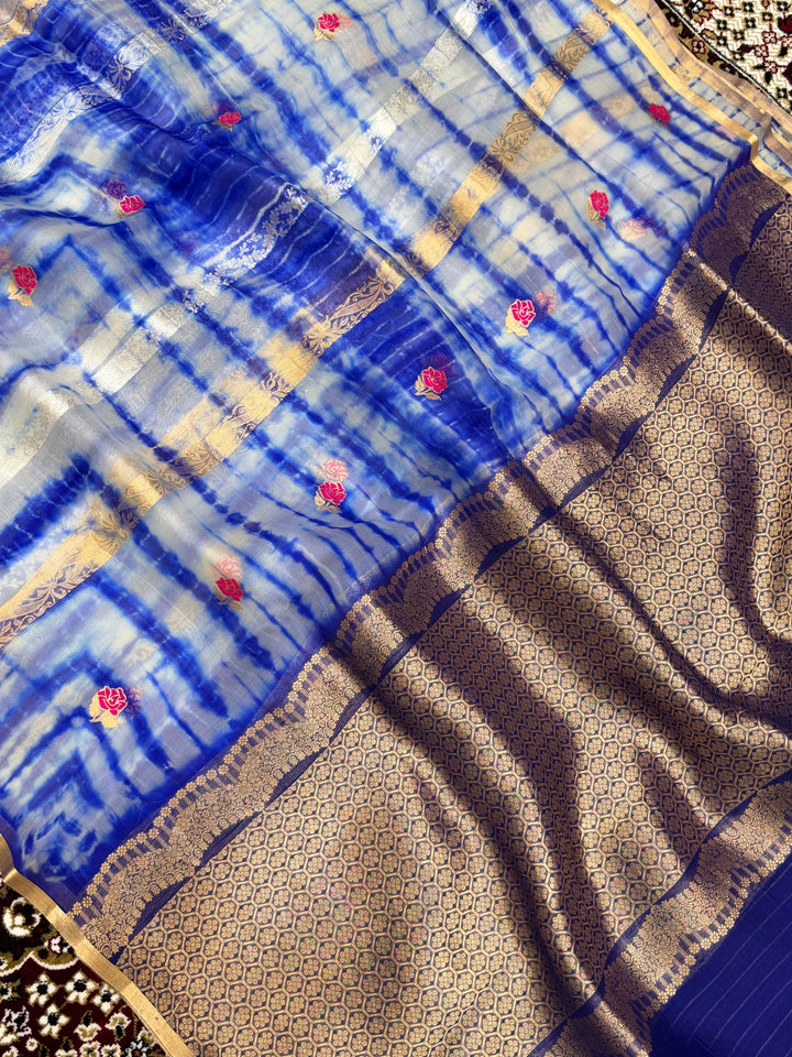 Royal Blue Color Pure Organza Handloom Banarasi Saree with Japanese Shibori Dye