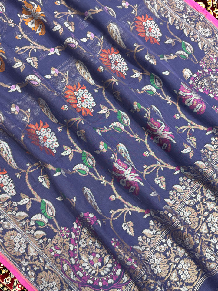 Navy Blue Color Cotton Silk Jamdani Banarasi Saree - All Over Jaal Work
