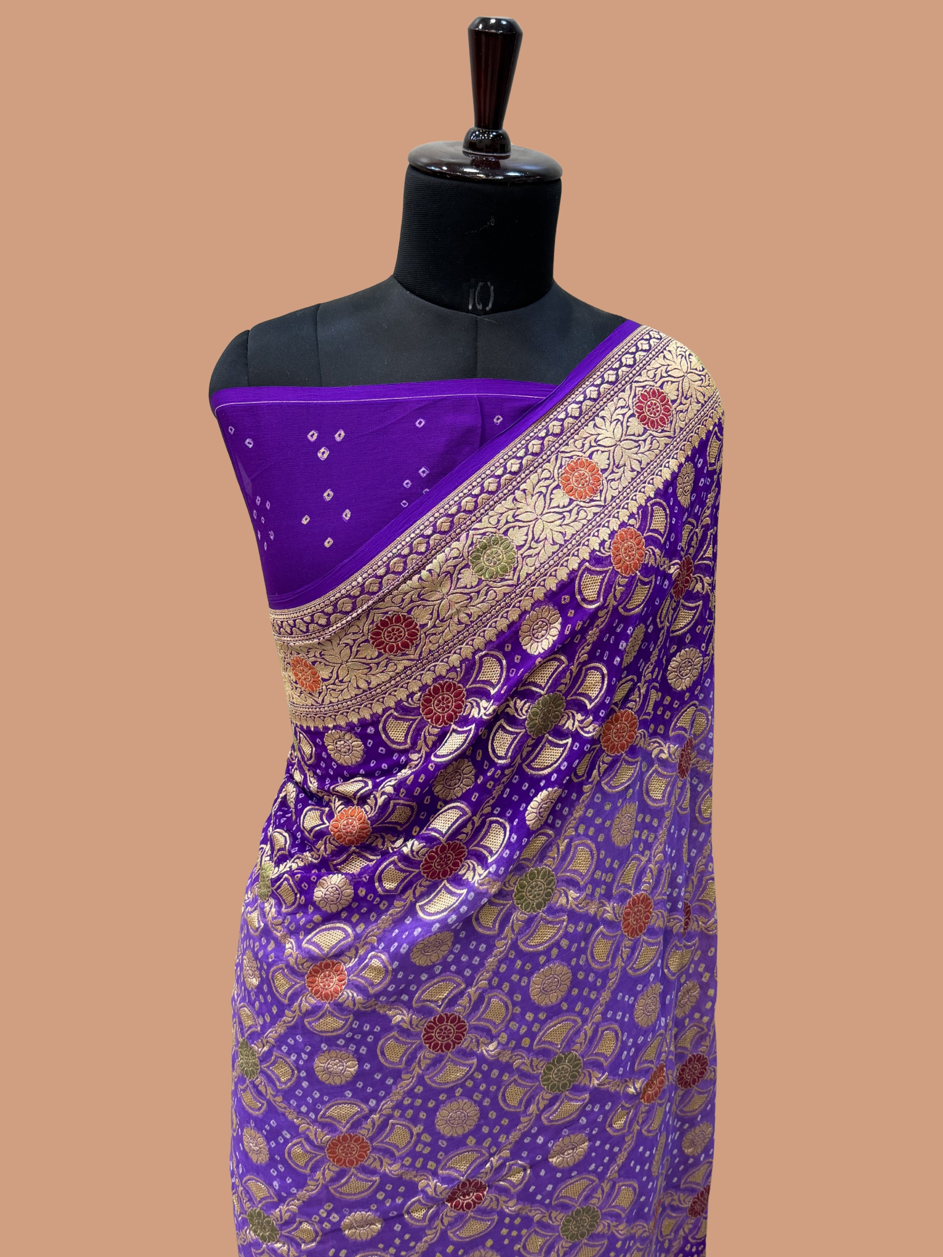 Pure Georgette Banarasi Bandhej Handloom Saree - Meenakari