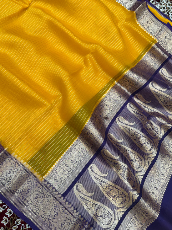 Yellow Color Pure Organza Handloom Banarasi Saree - All Over Stripe Design