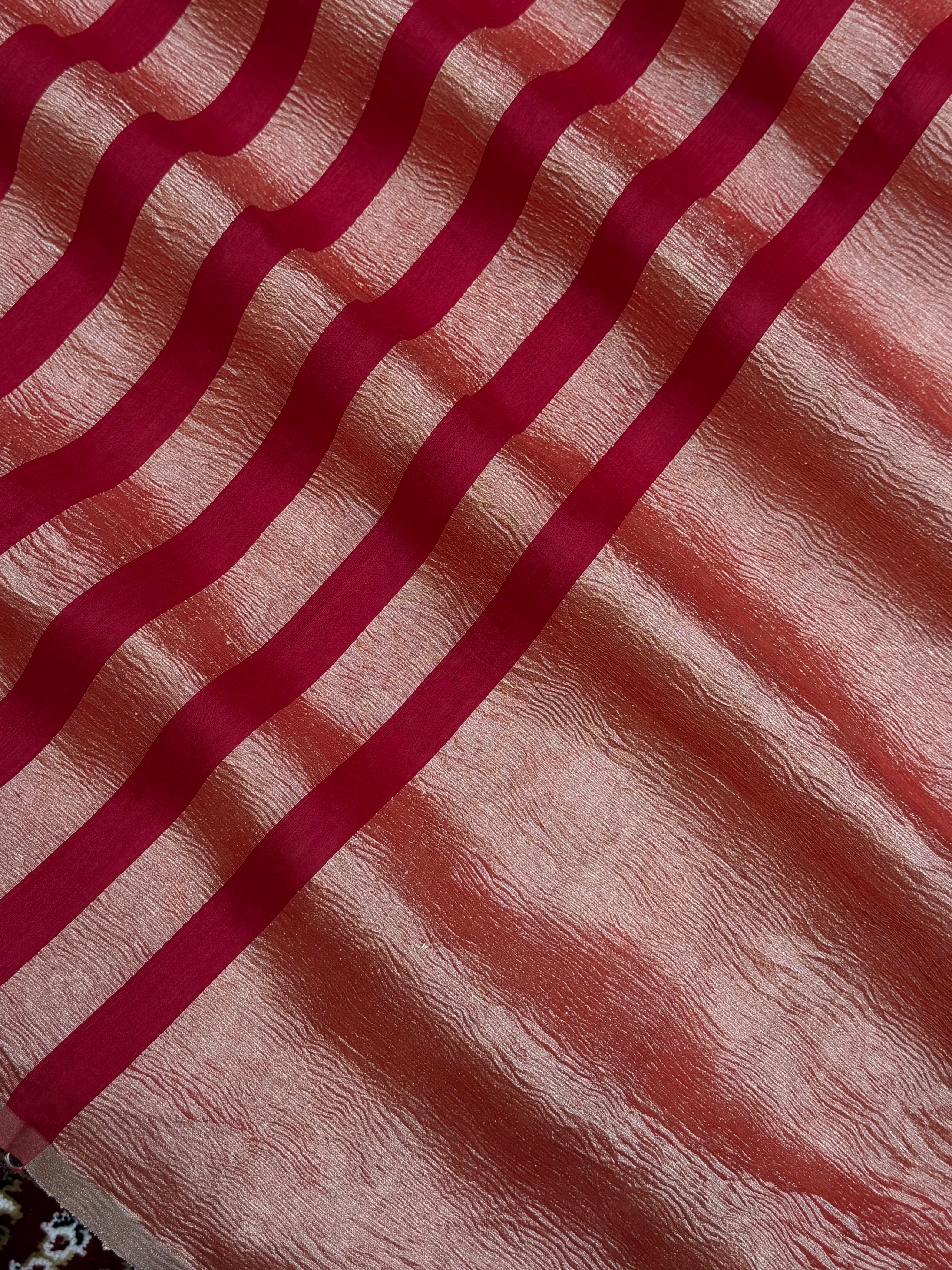 Red Color Chiniya Tissue  Silk Banarasi Saree with Stripe Design