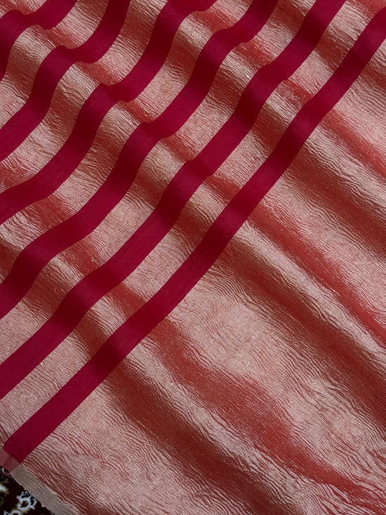 Red Color Chiniya Tissue  Silk Banarasi Saree with Stripe Design