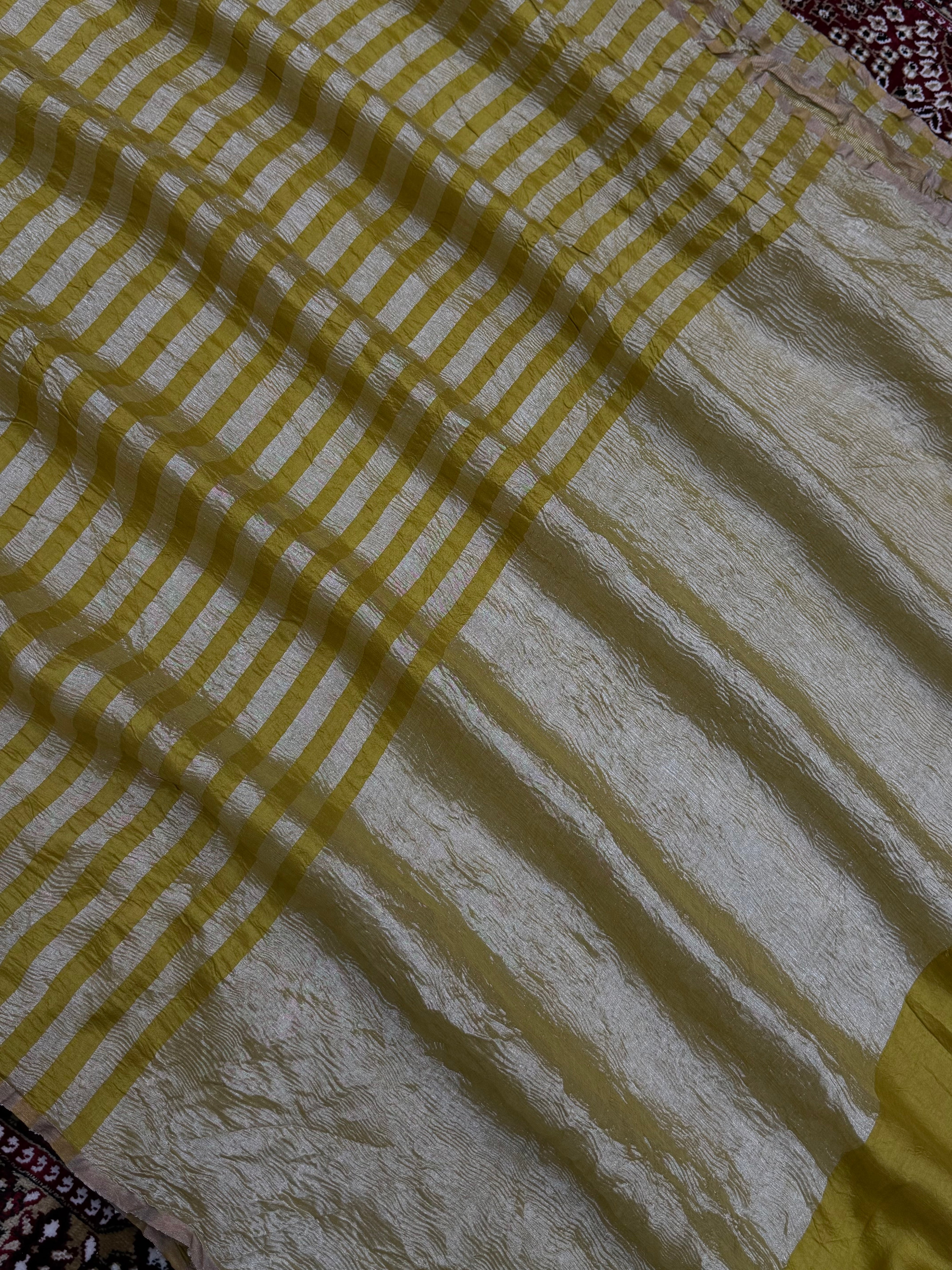 Yellow Color Chiniya Tissue  Silk Banarasi Saree with Stripe Design