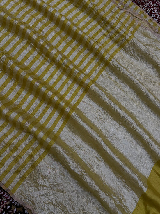 Yellow Color Chiniya Tissue  Silk Banarasi Saree with Stripe Design