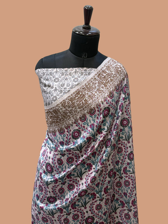 White Color Pure Raw Silk Handloom Banarasi Saree with Digital Print