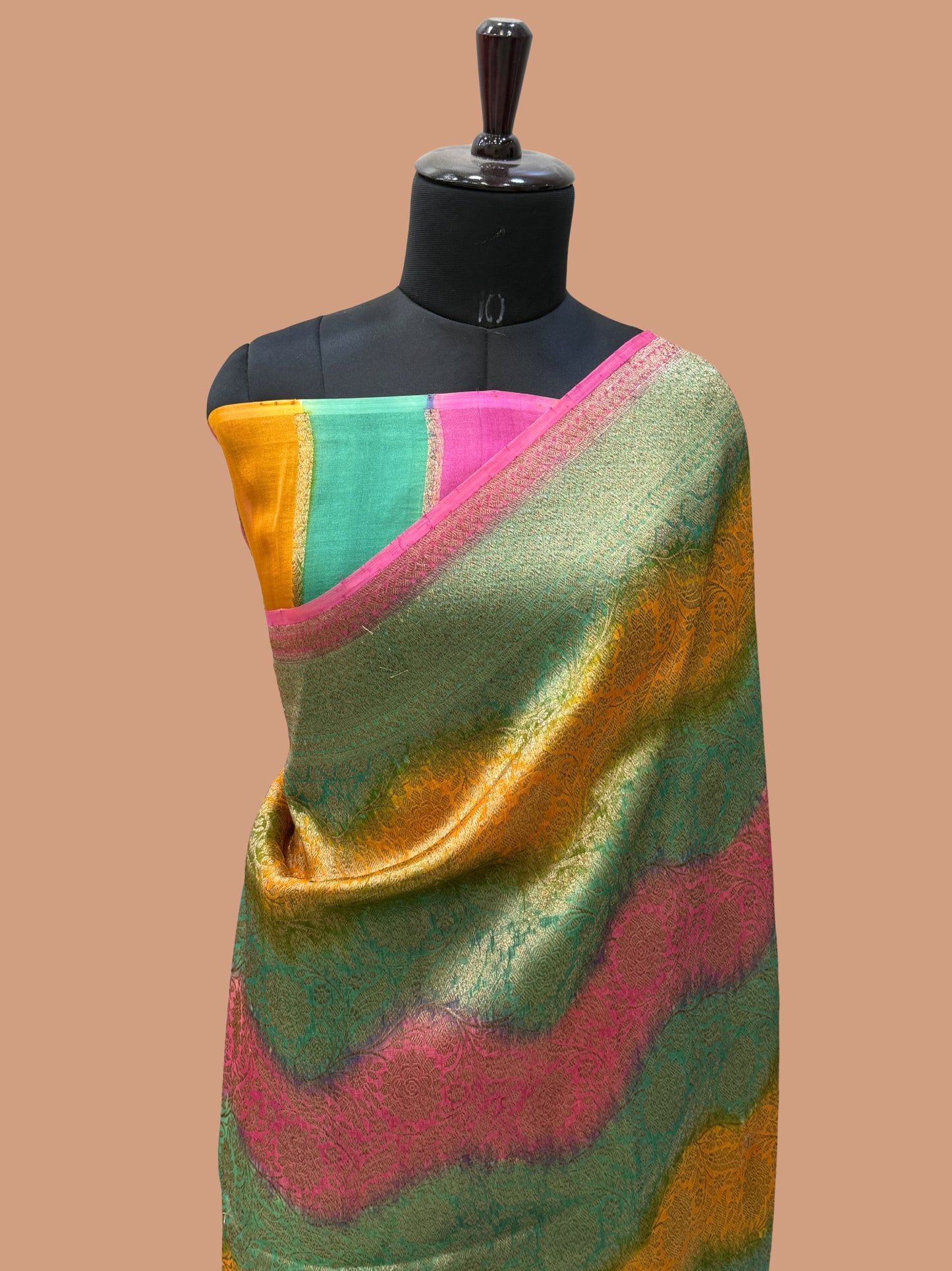 Multi Color Pure Kora Silk Handloom Banarasi Saree - All Over Brocade Jaal Work