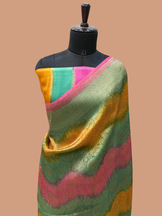 Multi Color Pure Kora Silk Handloom Banarasi Saree - All Over Brocade Jaal Work
