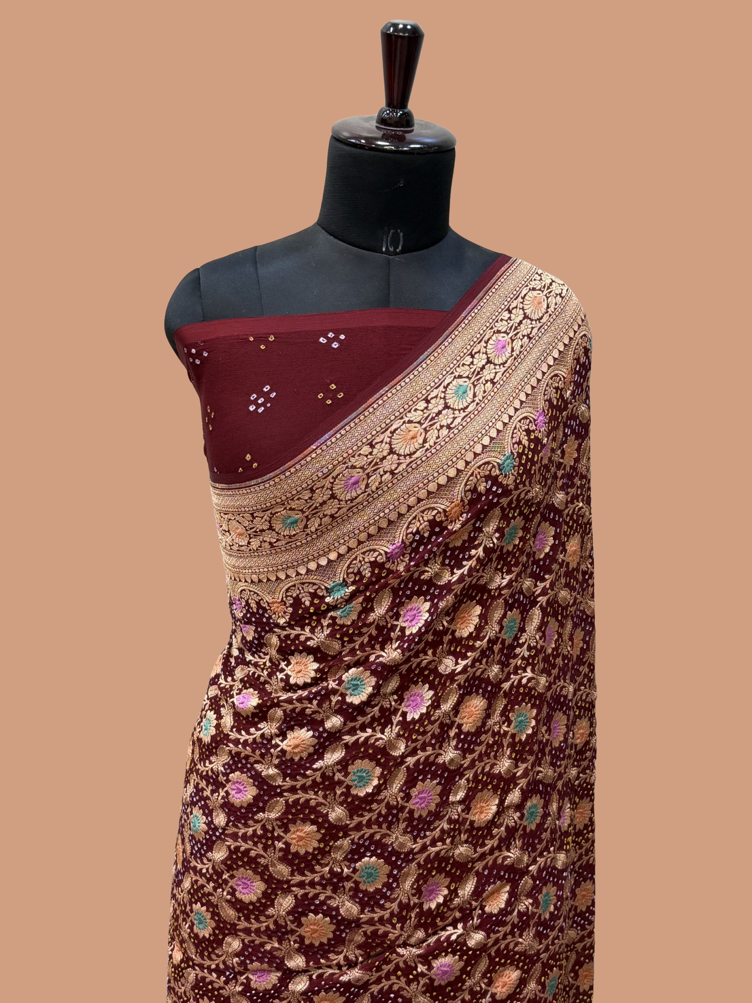 Pure Georgette Banarasi Bandhej Handloom Saree - Meenakari