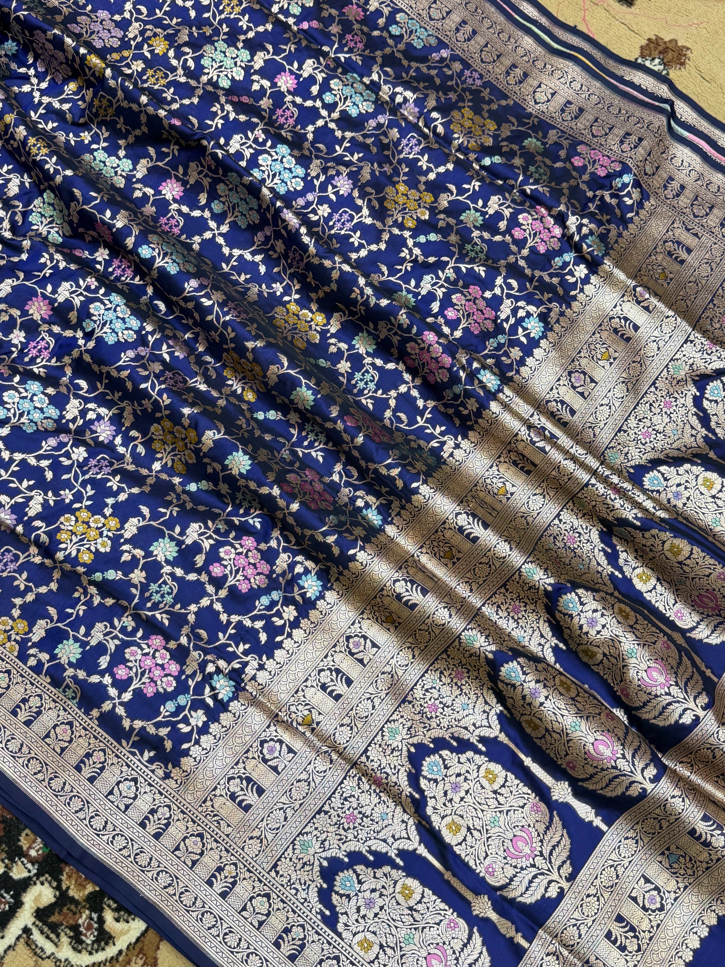 Navy Blue Color Pure Silk Handloom Banarasi Saree - All Over Jaal Work with Meenakari
