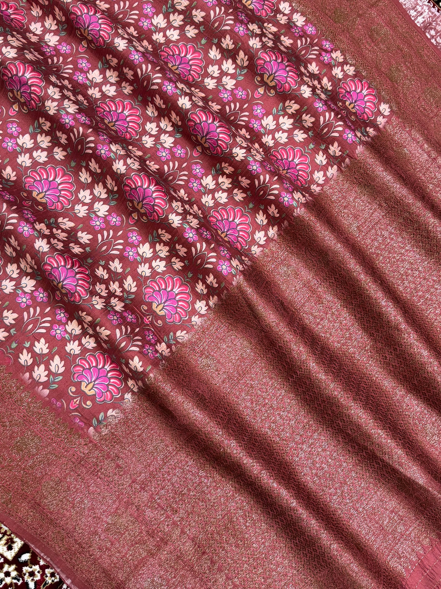Dark Pink Pure Raw Silk Handloom Banarasi Saree with Digital Print