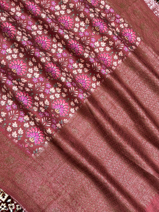 Dark Pink Pure Raw Silk Handloom Banarasi Saree with Digital Print