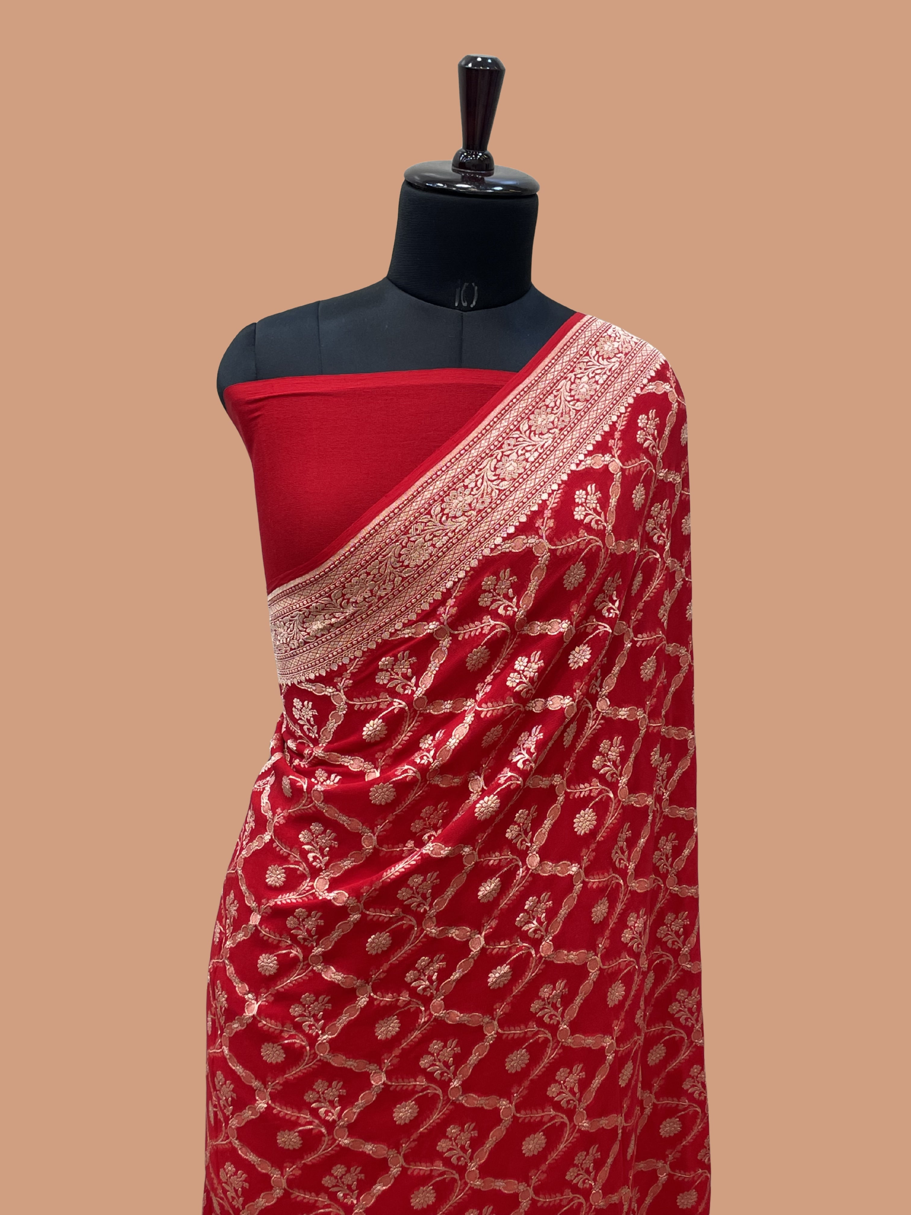 Red Color Khaddi Georgette Banarasi Saree - All Over Jaal Work with Water zari