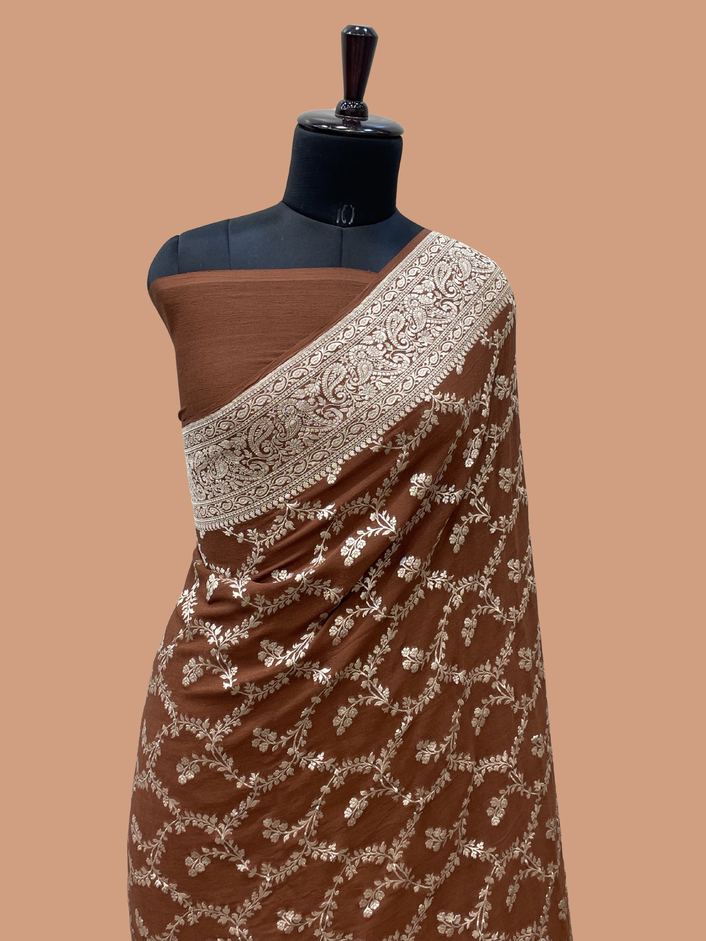 Brown Color Khaddi Georgette Banarasi saree - all over jaal work with water zari