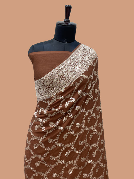 Brown Color Khaddi Georgette Banarasi saree - all over jaal work with water zari
