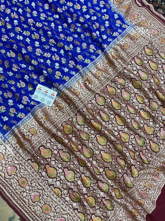 Royal Blue Color Khaddi Georgette Banarasi Saree - All Over Buti Work with Meenakari