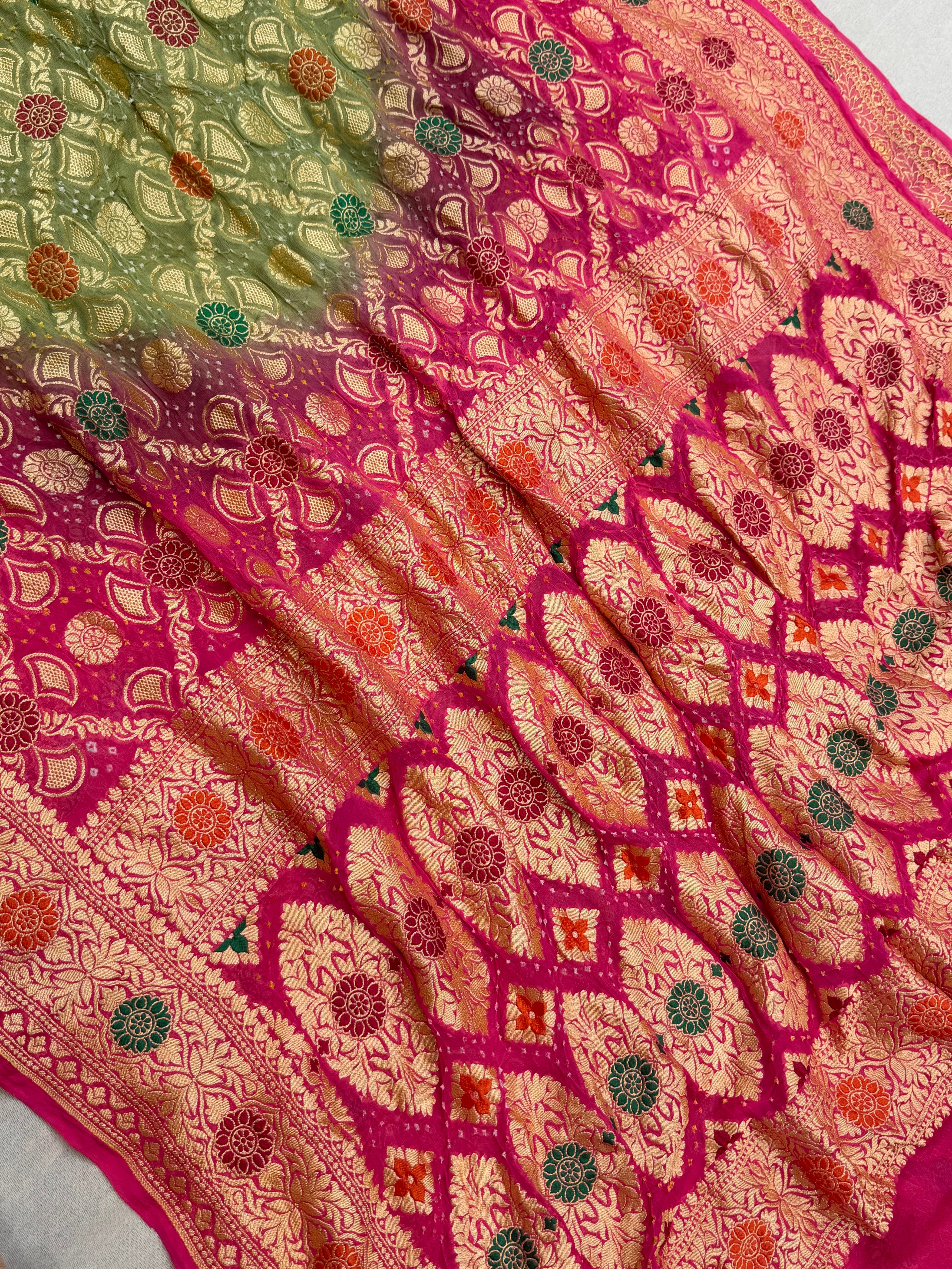 Pure Georgette Banarasi Bandhej Handloom Saree - Meenakari