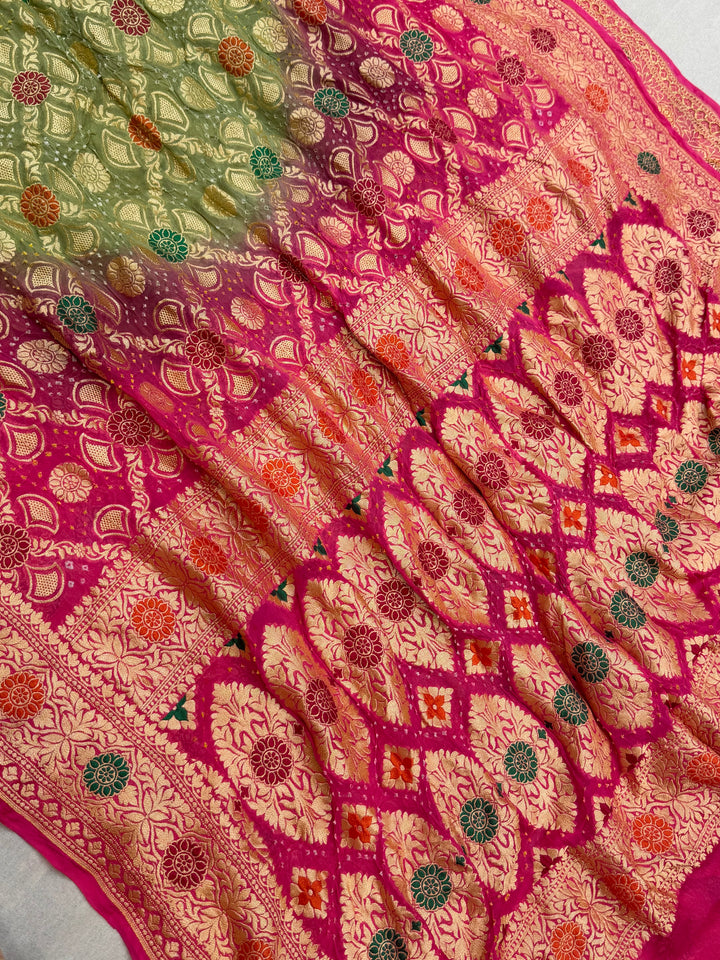 Pure Georgette Banarasi Bandhej Handloom Saree - Meenakari