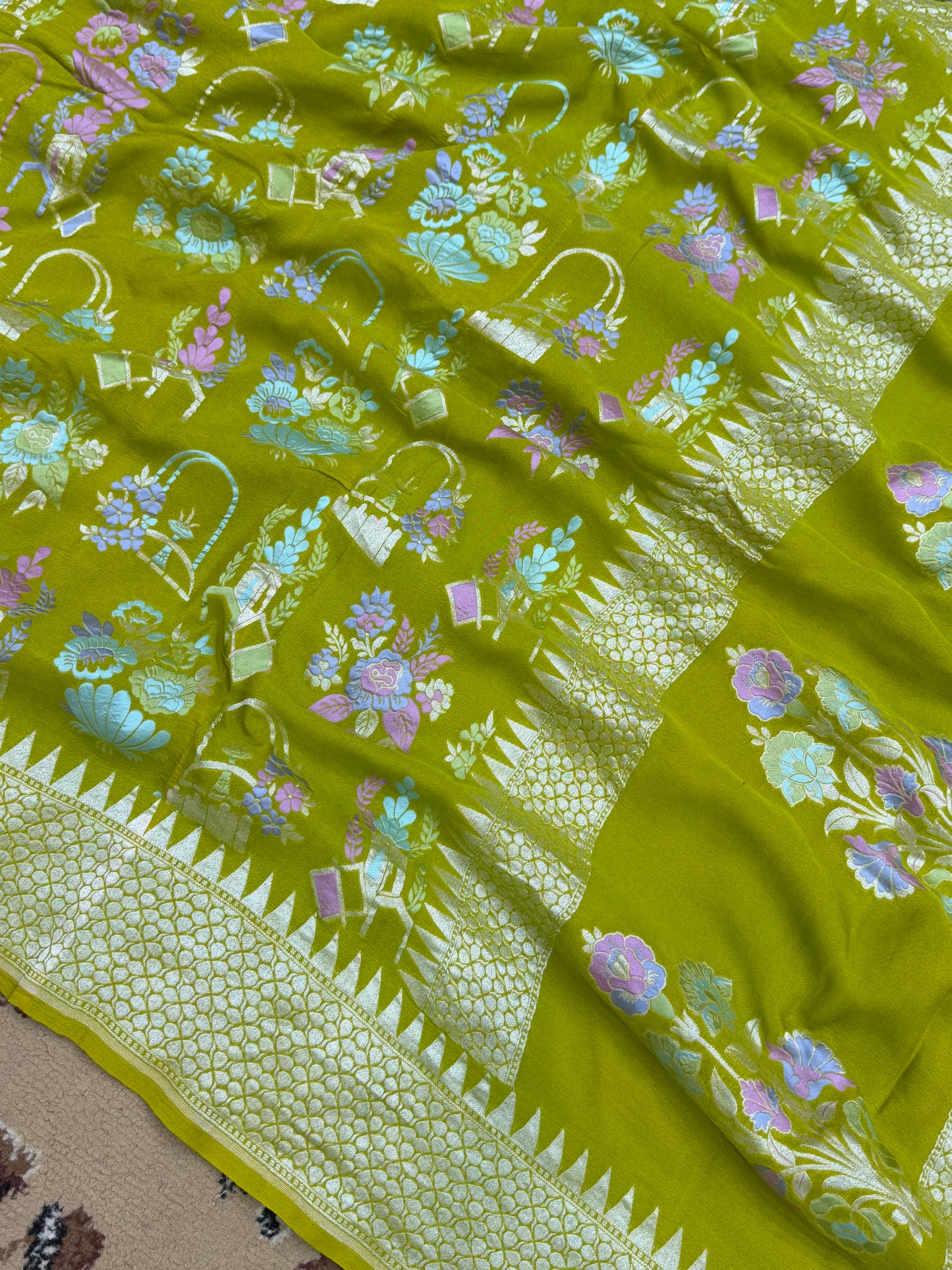 Mahendi Color Khaddi Georgette banarasi Saree - All Over Jaal Work with Tilfi Meenakari