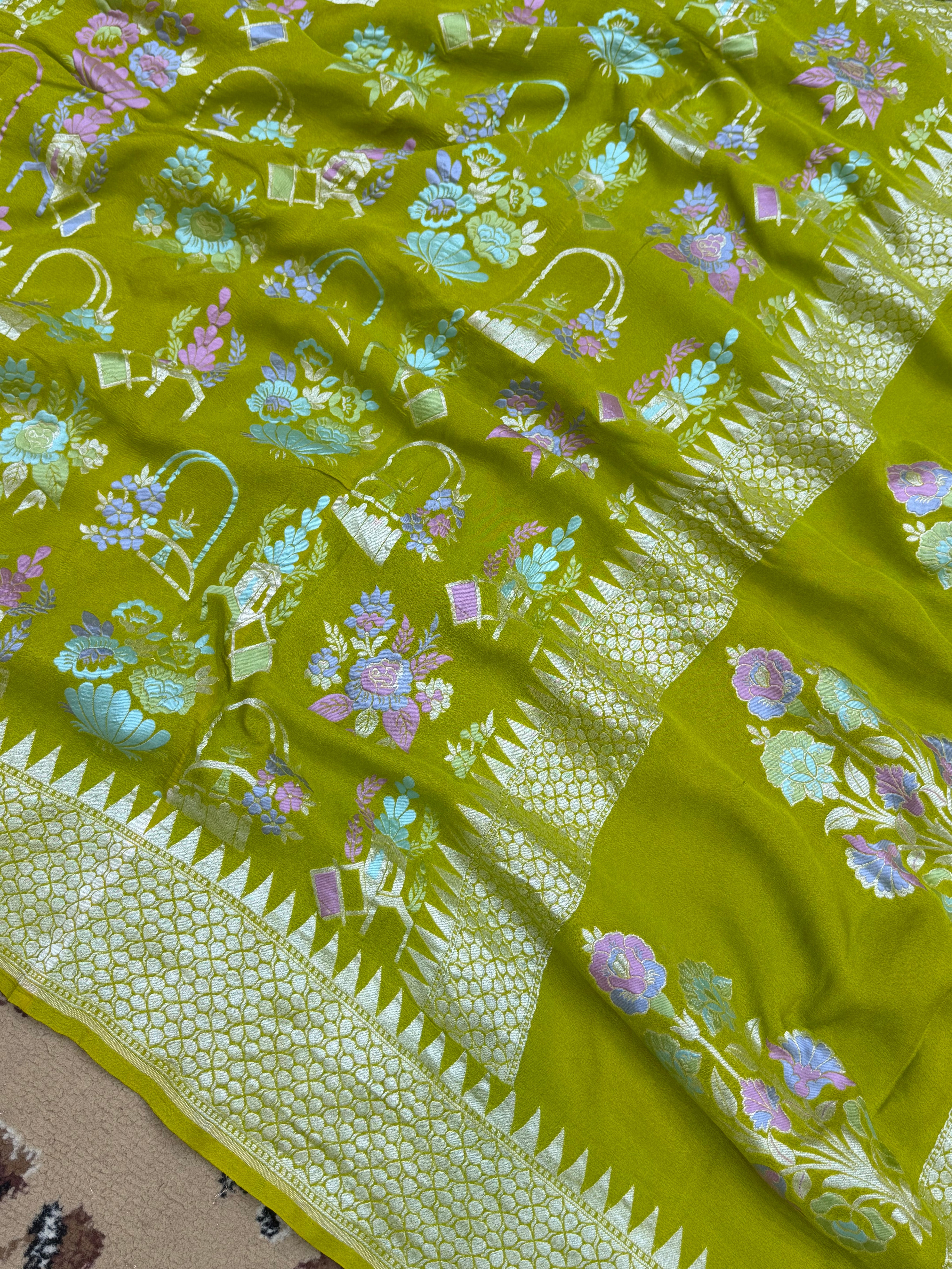 Mahendi Color Khaddi Georgette banarasi Saree - All Over Jaal Work with Tilfi Meenakari
