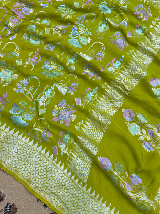 Mahendi Color Khaddi Georgette banarasi Saree - All Over Jaal Work with Tilfi Meenakari