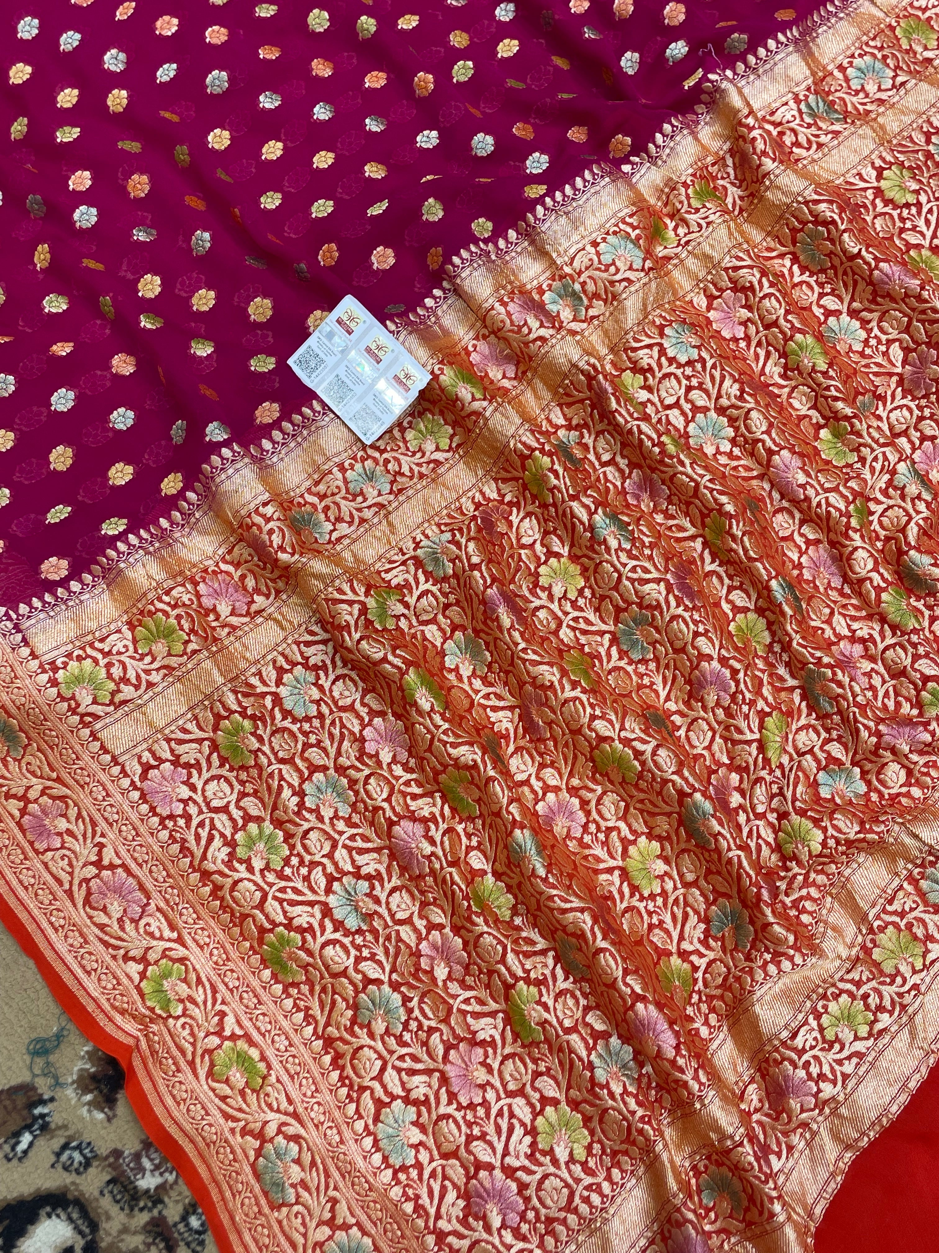 Rani Color Khaddi Georgette Banarasi saree - all Over Buti Work Meenakari