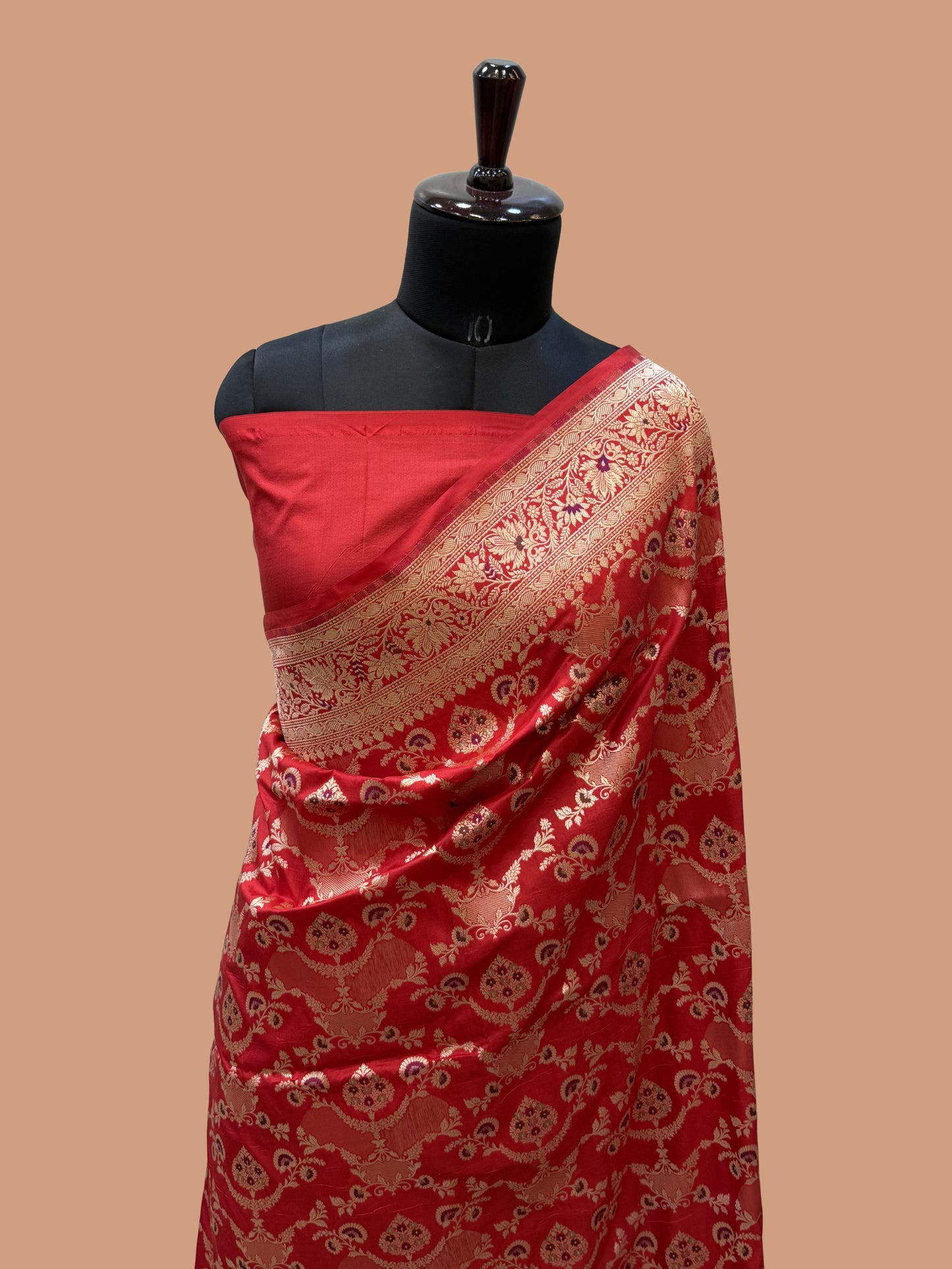 Red Color Pure Silk Handloom Banarasi Saree - All Over Jaal Work with Meenakri