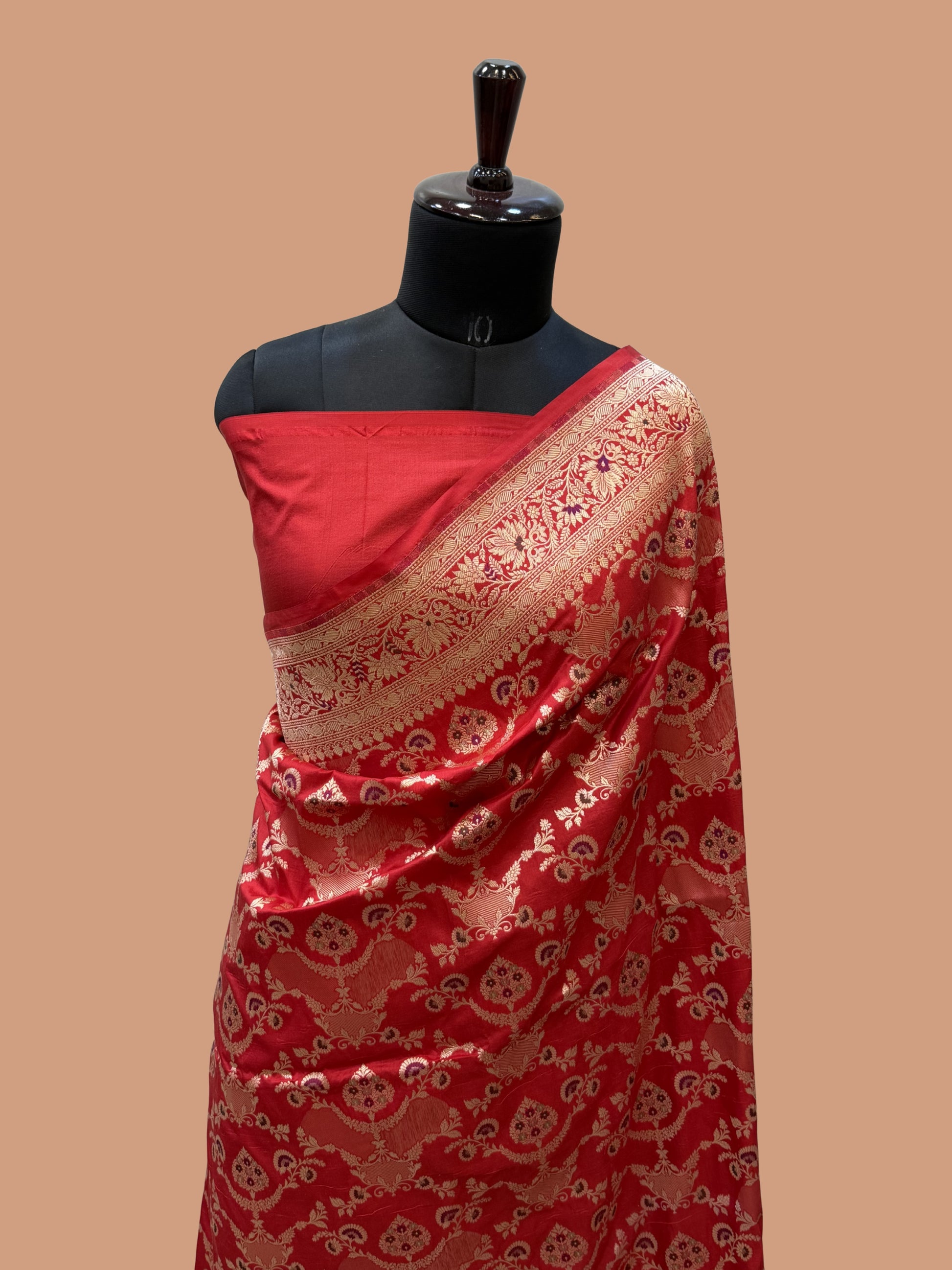 Red Color Pure Silk Handloom Banarasi Saree - All Over Jaal Work with Meenakri
