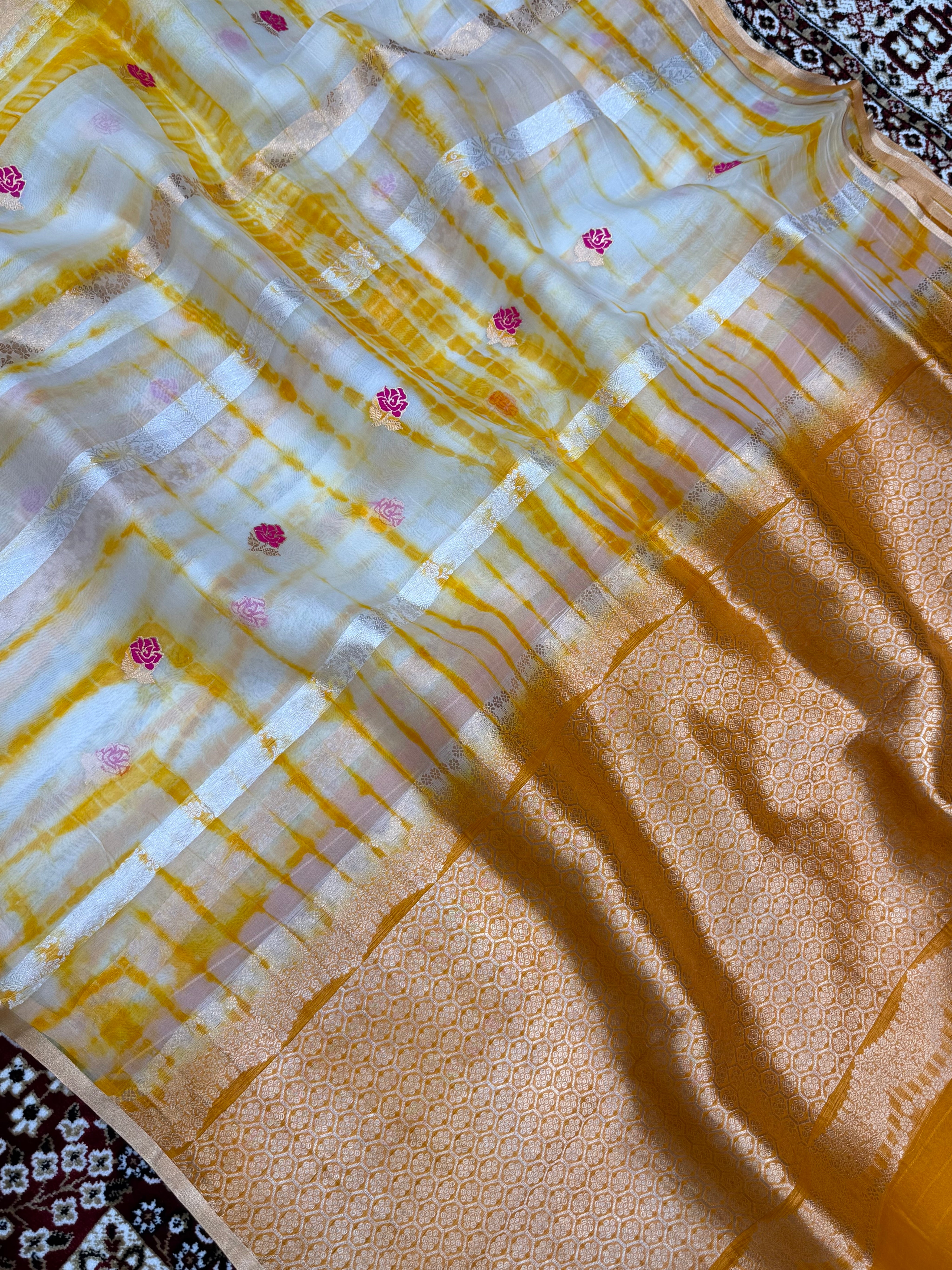 Yellow Color Pure Organza Handloom Banarasi Saree with Japanese Shibori Dye
