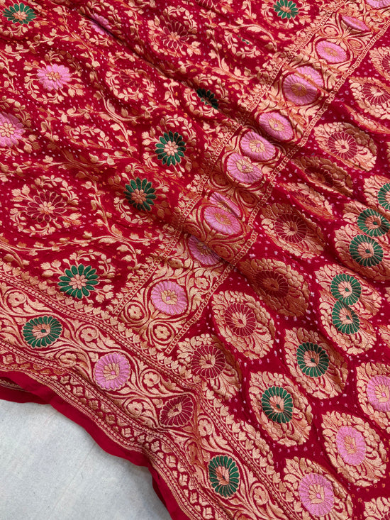 Pure Georgette Banarasi Bandhej Handloom Saree - Meenakari