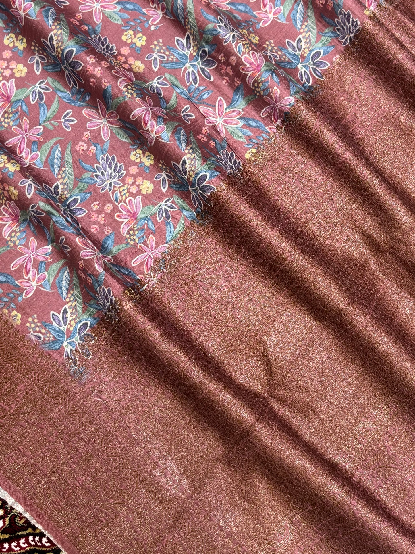 Peach Color Pure Raw Silk Handloom Banarasi Saree with Digital Print