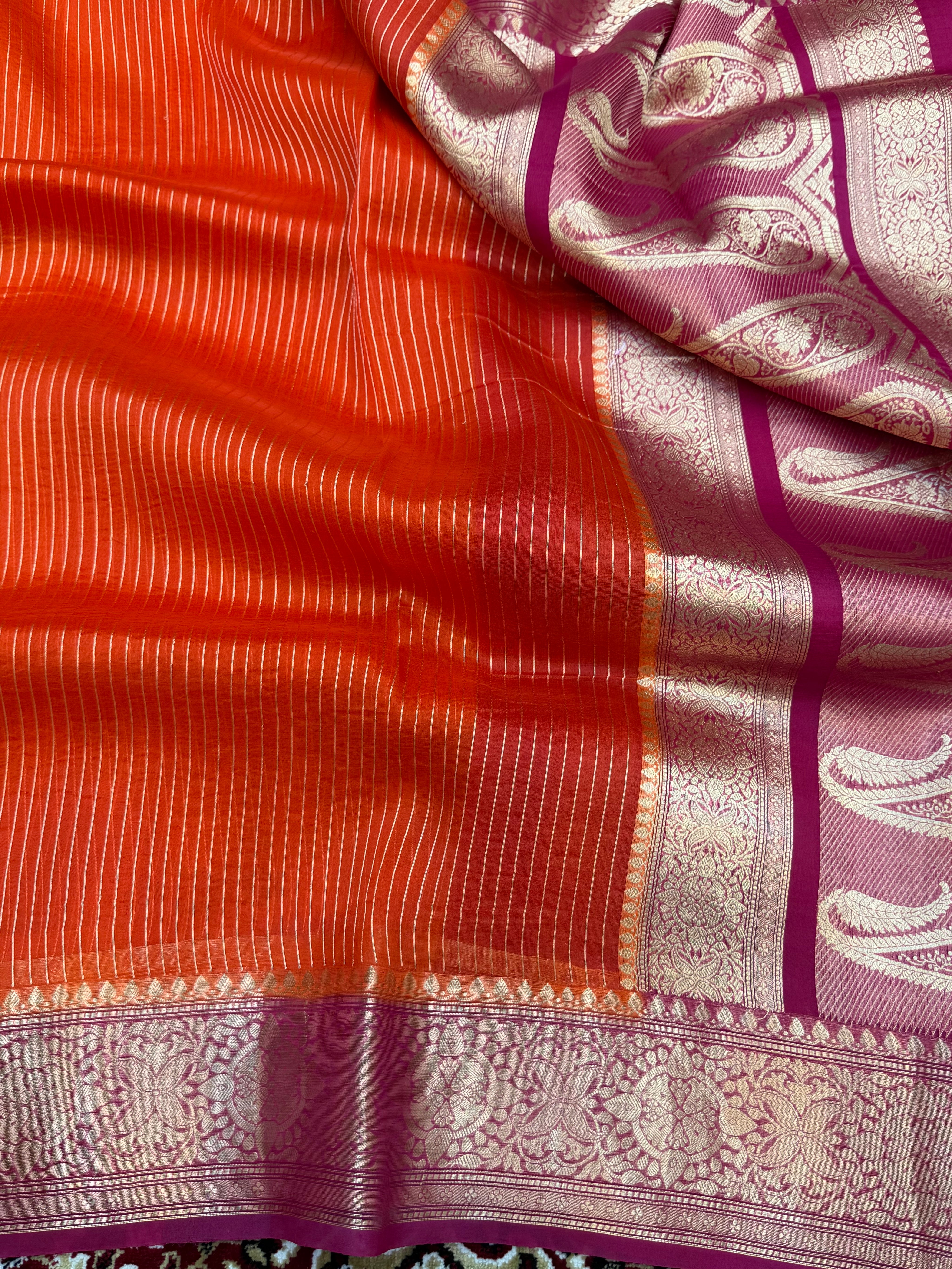 Fanta Color Pure Organza Handloom Banarasi Saree - All Over Stripe Design