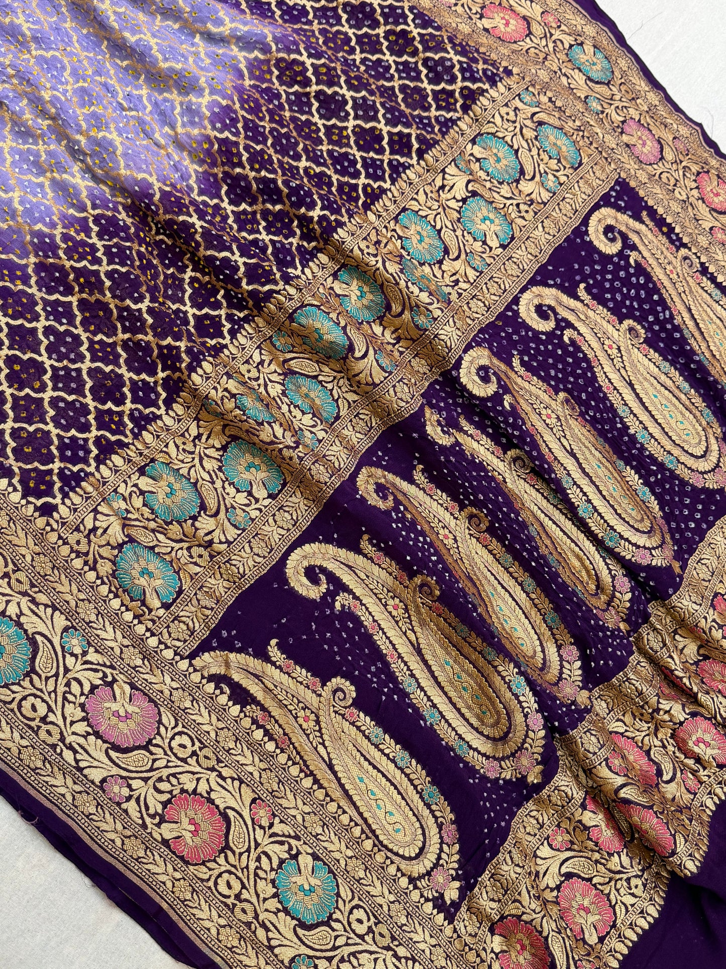 Pure Georgette Banarasi Bandhej Handloom Saree - Meenakari