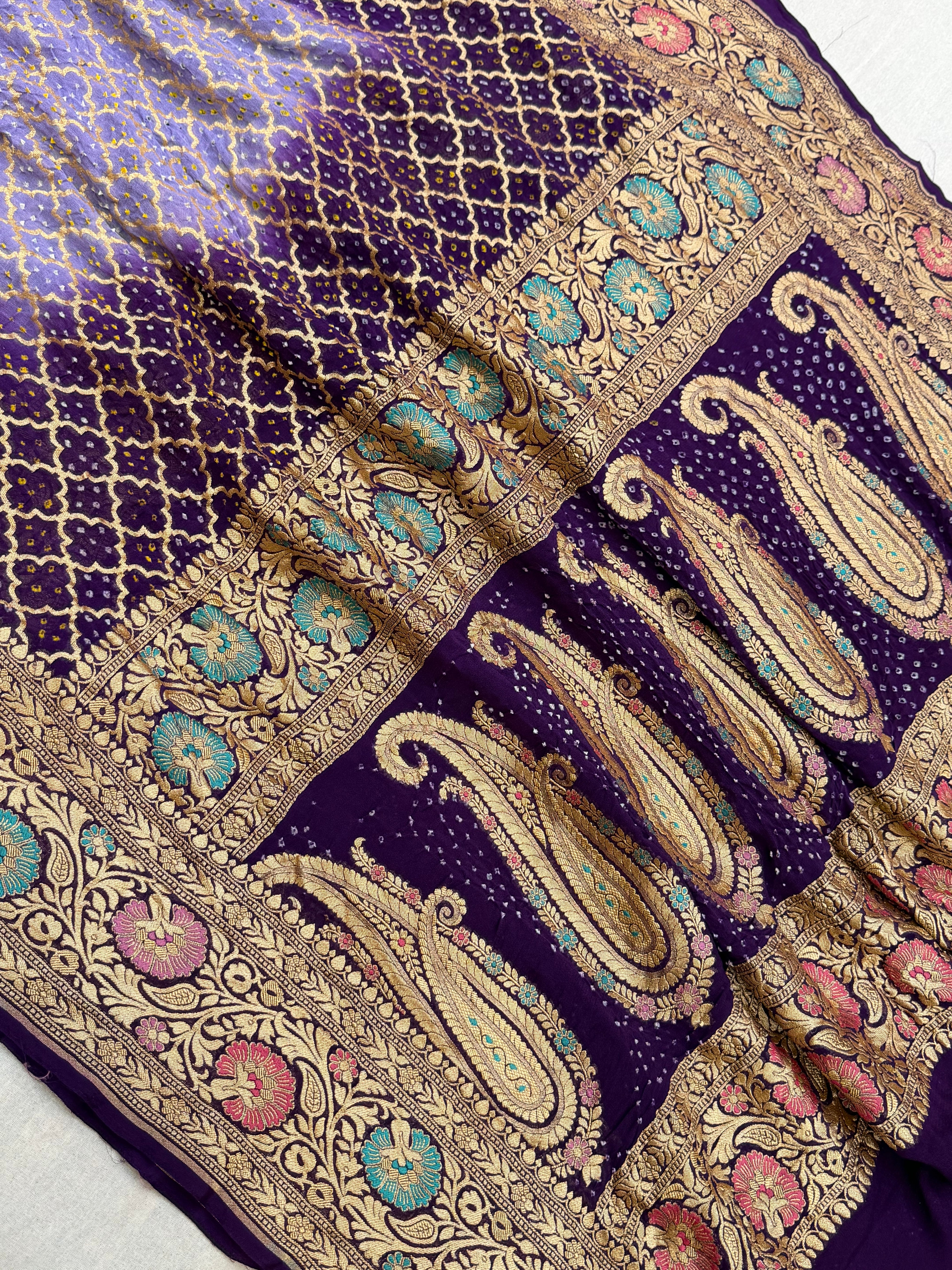 Pure Georgette Banarasi Bandhej Handloom Saree - Meenakari