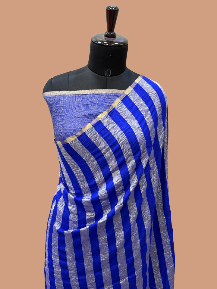 Royal Blue Color Chiniya Tissue  Silk Banarasi Saree with Stripe Design