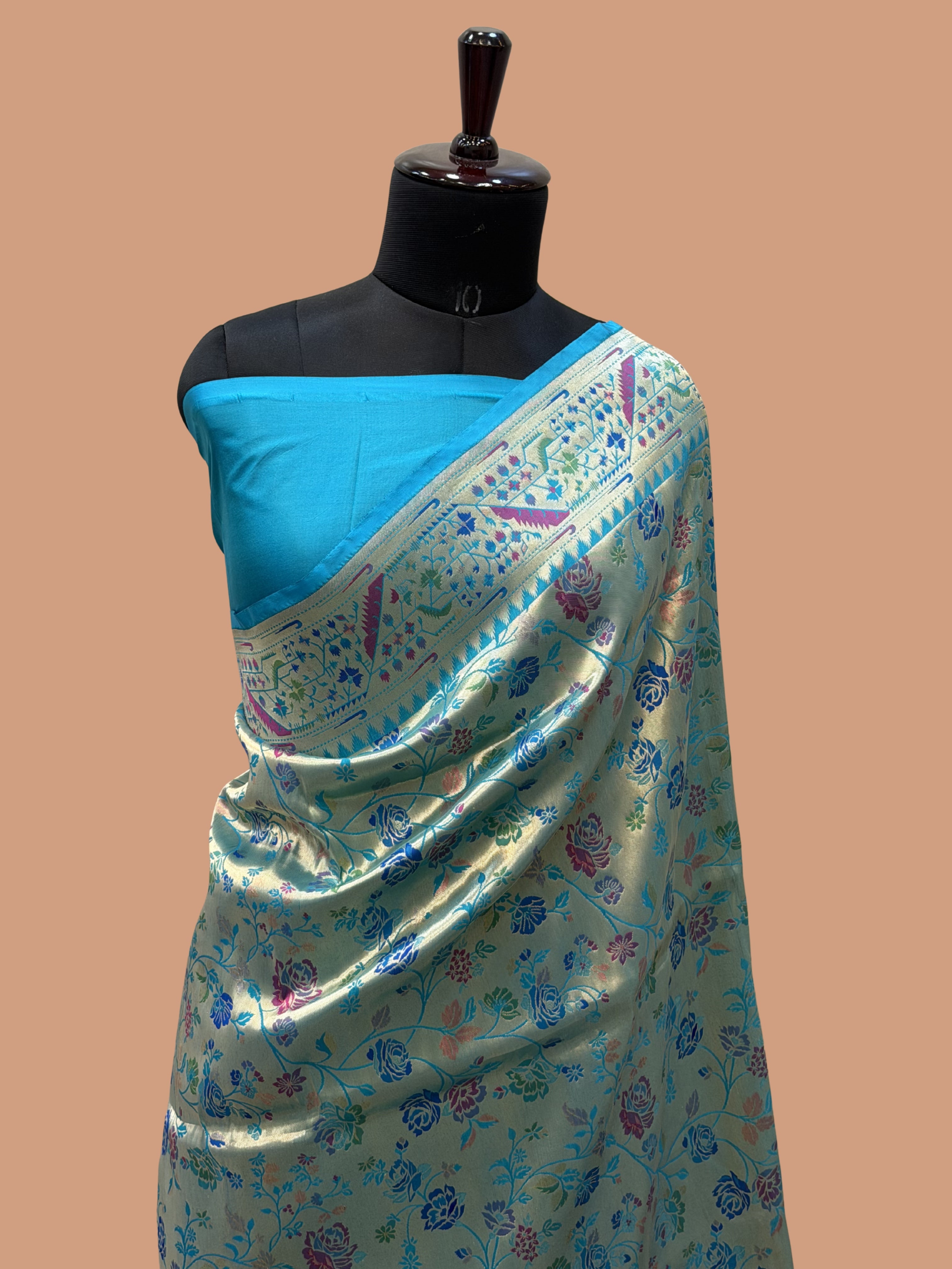 Aqua Blue Color Pure Silk Paithani Handloom Banarasi Saree - All Over Paithani work